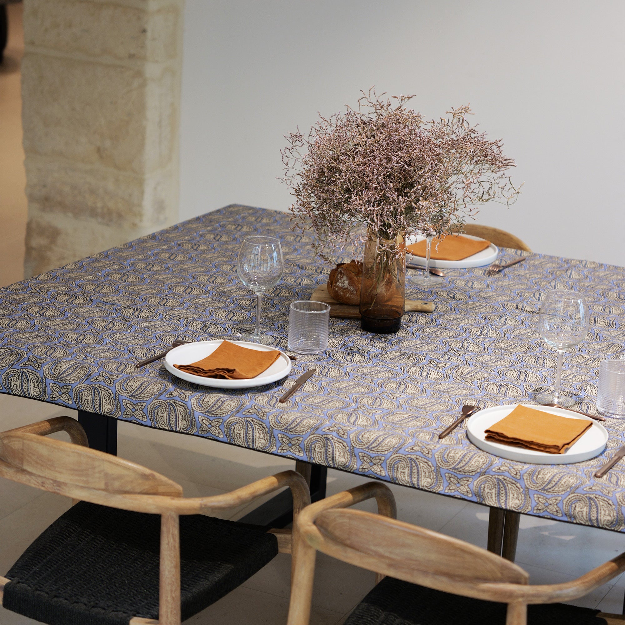 NAPPE LIN PAISLEY ANCIEN Bleu Celeste